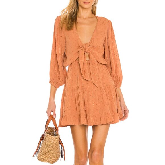 L Space Stay Golden Tie-Front Mini Dress in Putty - Picture 1 of 7